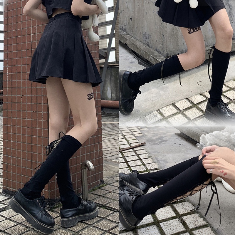Youyo Vớ Cotton Dài Qua Gối Thắt Dây Ruy Băng Thắt Nơ Phong Cách Gothic Harajuku Nhật Bản Cho Nữ Stu
