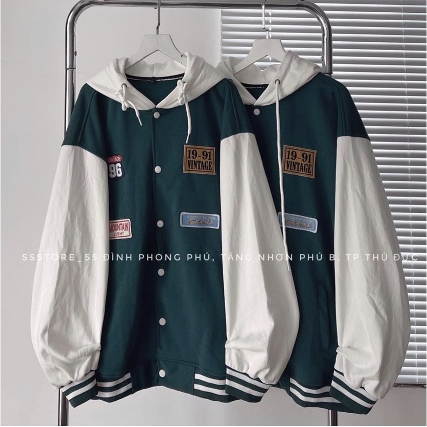 Áo khoác Bomber phối 1991 form rộng  Áo khoác phối xanh trắng cúc bấm có dây rút 22013