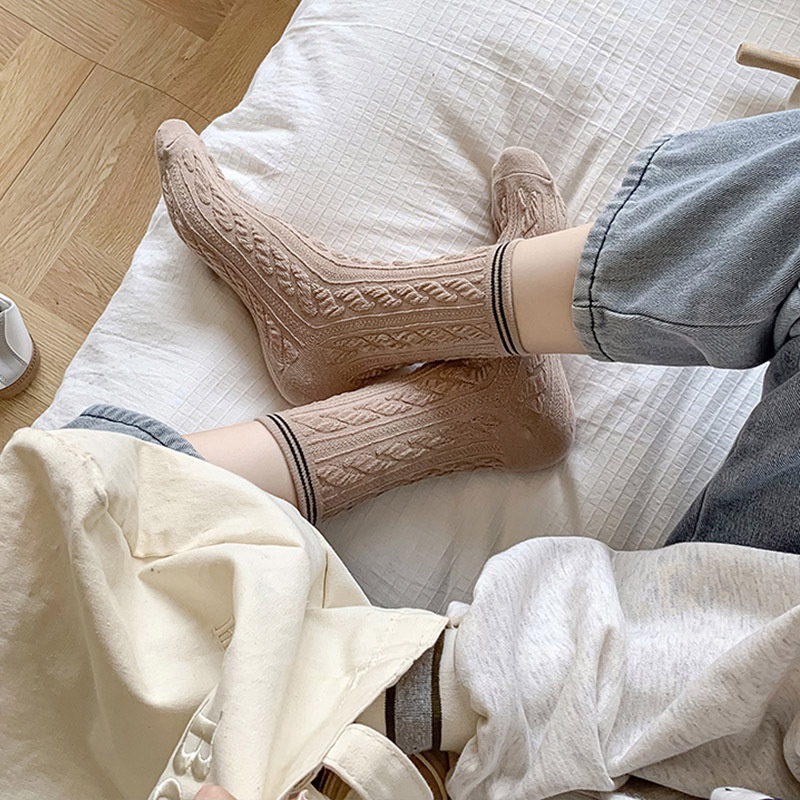 Vớ Cổ Trung Họa Tiết Kẻ Sọc Dễ Thương Phong Cách Hàn Quốc Thời Trang Cho Nữ