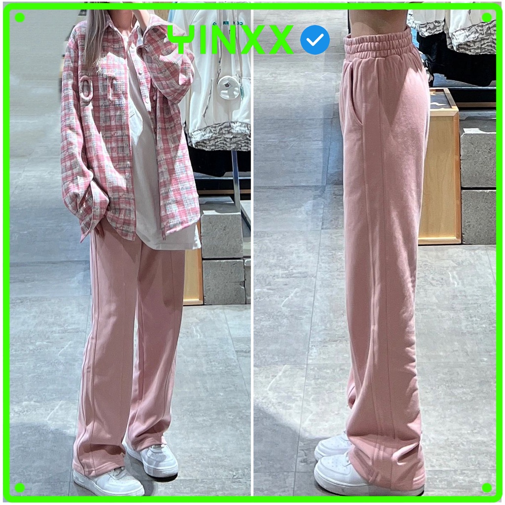 Quần dài ống suông Yinxx, quần jogger nỉ nữ ống rộng màu hồng vải cotton QD01