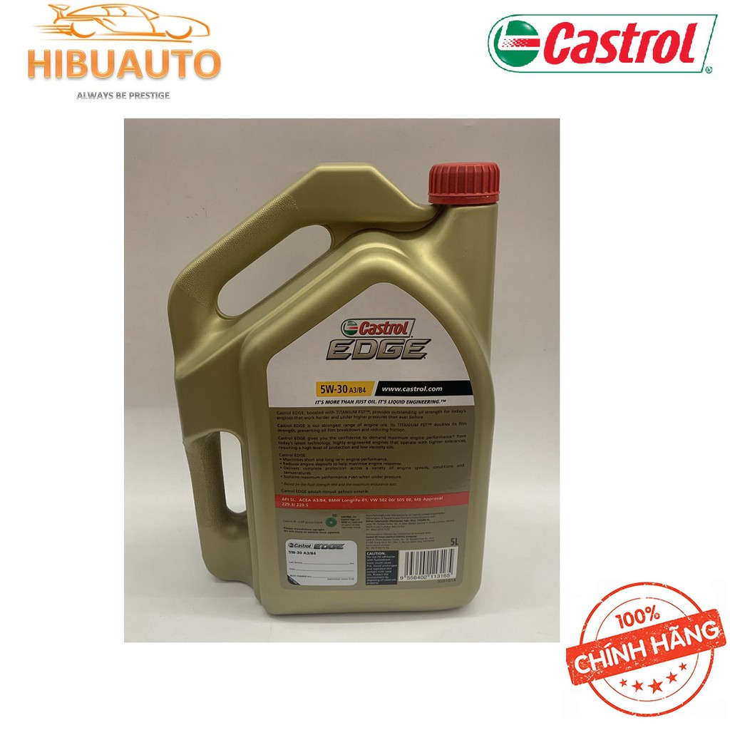 Dầu Nhớt Tổng Hợp Toàn Phần Cao Cấp CASTROL EDGE 5W30 A3/B4 5L