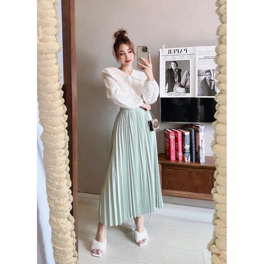 SET ÁO SƠ MI TRẮNG CỔ BÈO BÚP BÊ VIỀN REN TAY DÀI + CHÂN VÁY XANH DẬP LY LƯNG CAO TIỂU THƯ CÔNG CHÚA ULZZANG