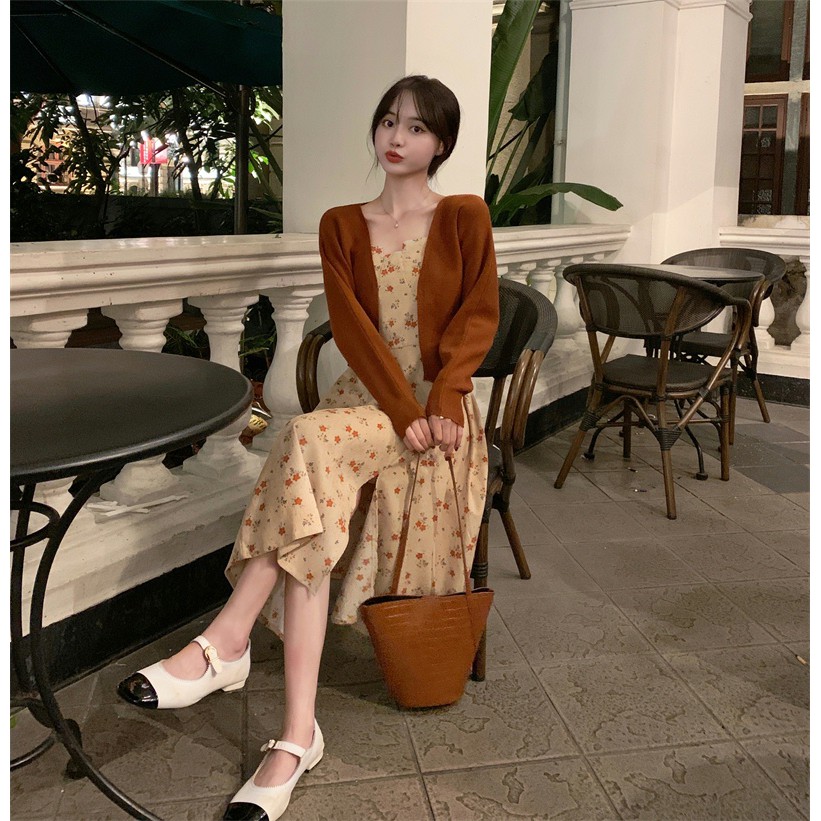 Váy Hai Dây Nhung Tăm Hoa Nhí Xẻ Tà V27 Loại Chun Lưng Hàng Quảng Châu Đẹp