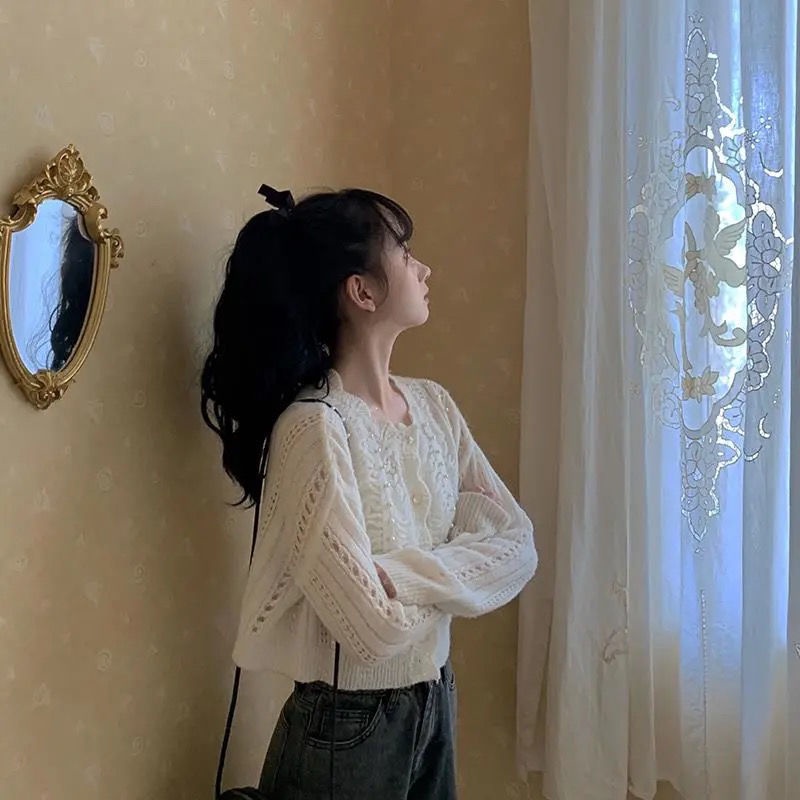 Áo Khoác Cardigan Dệt Kim Đính Hạt Ngọc Trai Màu Sắc Đơn Giản Phong Cách Hàn Quốc