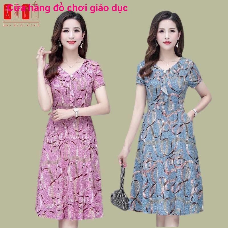 SHOP XINH Váy đầm mẹ 2021 mới mùa xuân và hè trung niên size lớn phụ nữ rộng rãi thời trang dài <