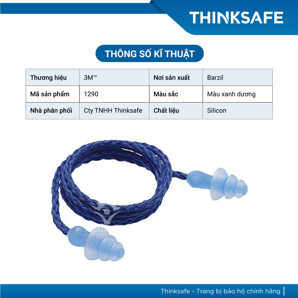 Nút tai chống ồn 3M 1290 chất liệu Silicone, rất nhẹ, nút nhét tai giảm ồn 25 dB - Xanh biển - THINKSAFE