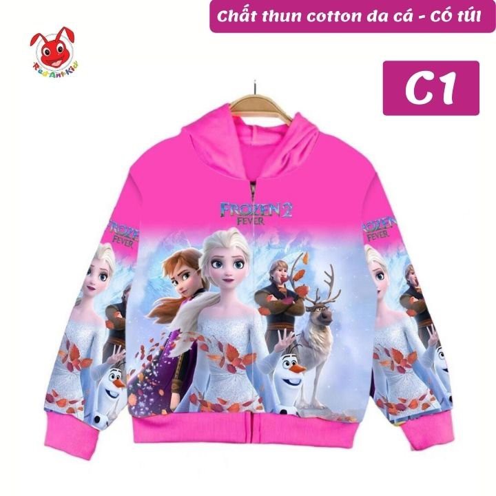 Áo khoác bé gái hình công chúa Elsa từ 10-43kg , chất thun hút mồ hôi, hình in 3D sắc nét- Kienluakids