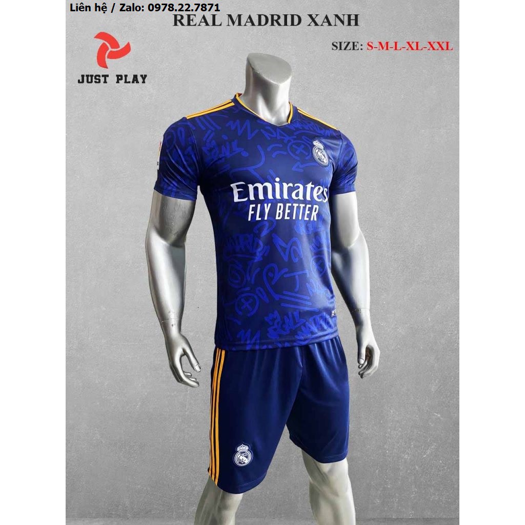 Bộ Quần Áo Bóng Đá Real Madrid Sân Khách Màu Xanh 2021-2022