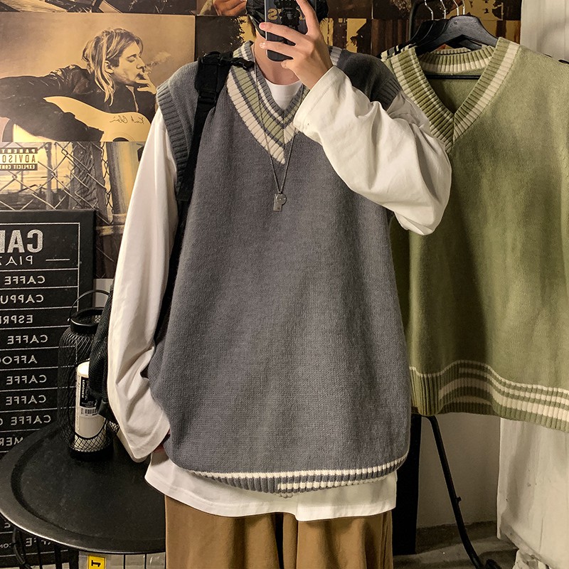 Áo len nam không tay cổ chữ V dáng rộng phong cách hàn Quốc xe tăng cho và nữ bigsize fashion áo len dệt kim áo vest unisexáo cặp áo không tay sweater