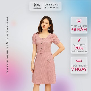 Váy Thiết Kế Công Sở NK Fashion Cổ Vuông Kèm Đai Eo Hoạ Tiết Kẻ, Vải Linen Lụa Hàn Cao Cấp NKFDV2103011