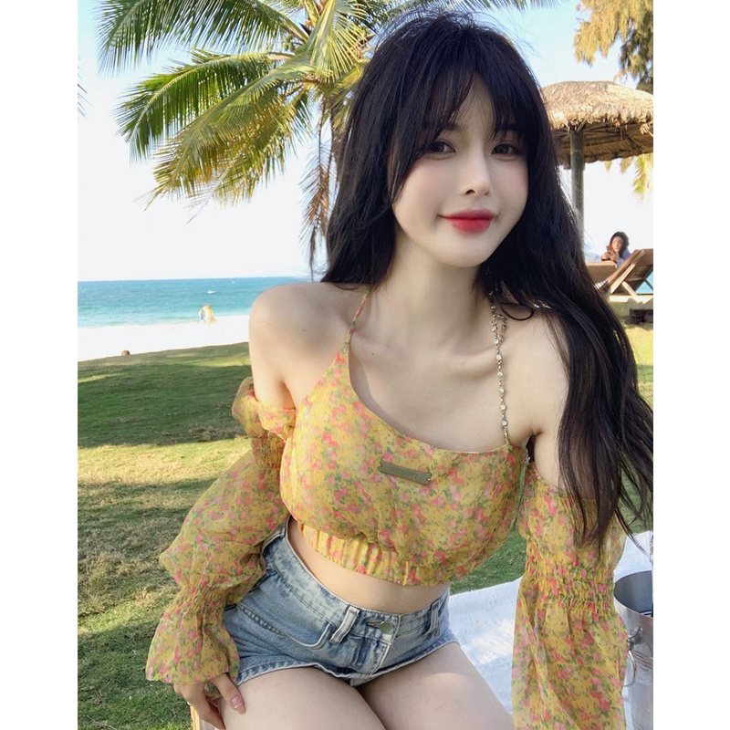 QKOOLE Áo trễ vai  hoạ tiết hoa phong cách Hàn Quốc cho nữ