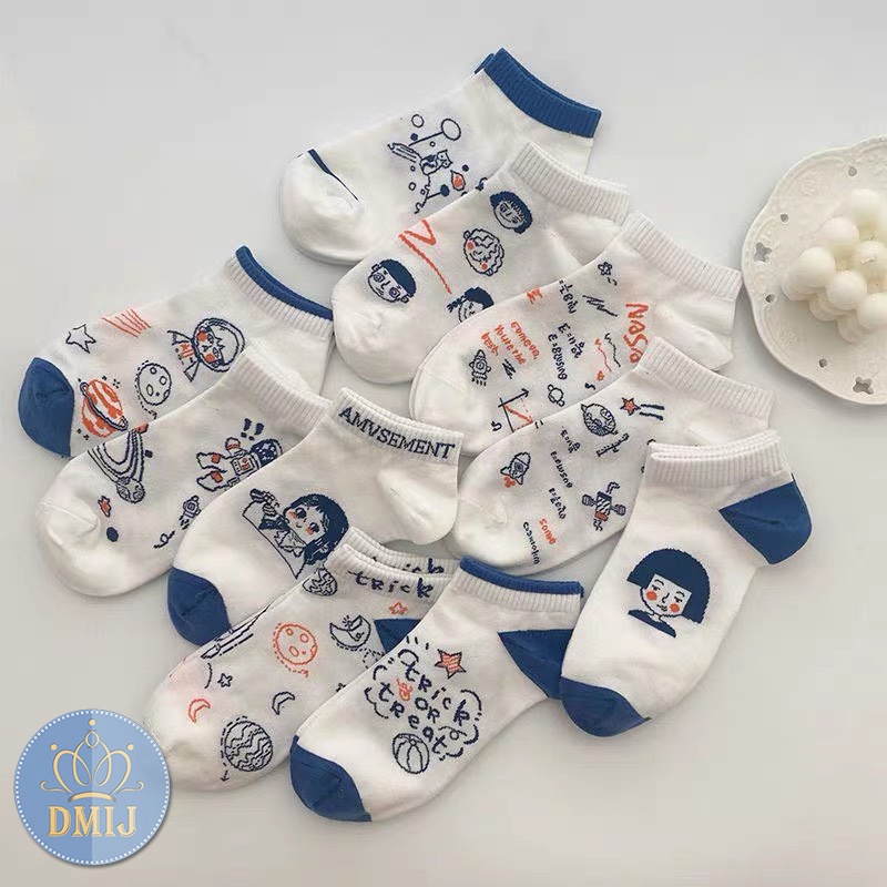 Set 5 đôi tất nữ cổ thấp nhiều màu vớ nữ cổ thấp họa tiết cô gái má núm T95