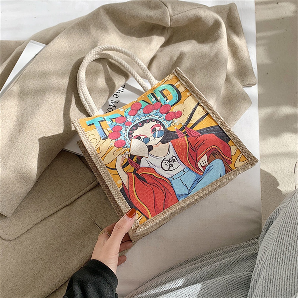 Benytro xách vải canvas đựng hộp cơm trưa in họa tiết thổ cẩm có khóa kéo thời trang tiện lợi