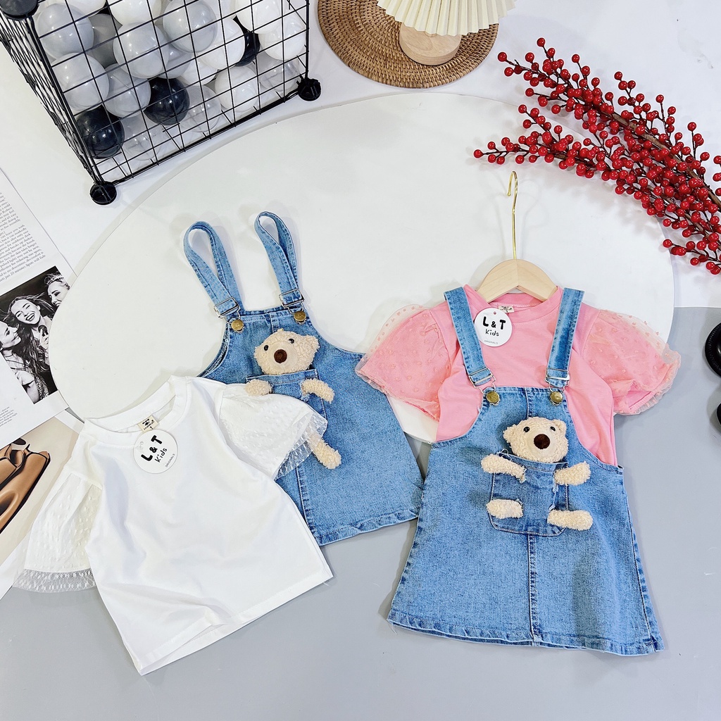 Yếm váy bò jean cho bé gái nơ xinh xắn từ 10kg đến 22kg - bộ đồ bé gái Áo cotton phối bèo kết hợp yếm jean giặt mềm.