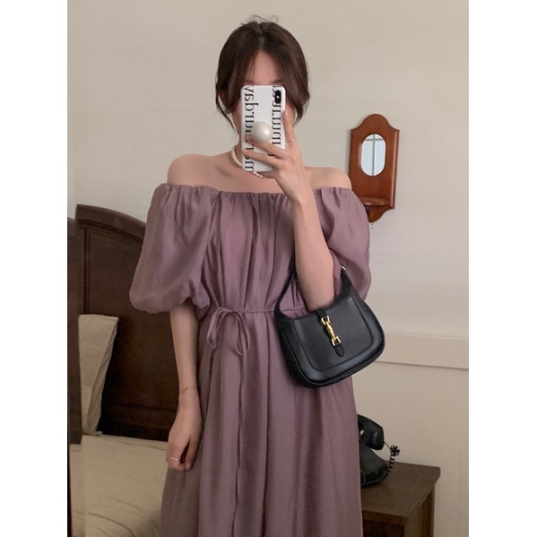 [HÀNG CÓ SẴN] Váy / Đầm tơ tay bồng trễ vai kèm dây thắt eo nữ tính đi biển, dạo phố -V004