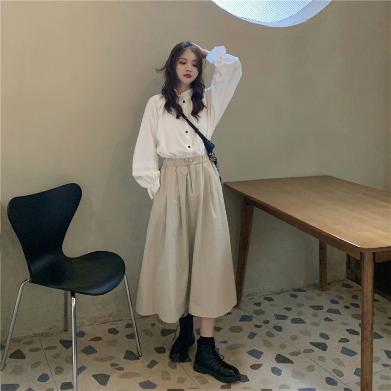 SUXI Áo Sơ Mi Trắng Tay Phồng Dáng Chữ A Lưng Cao Phong Cách Retro Pháp