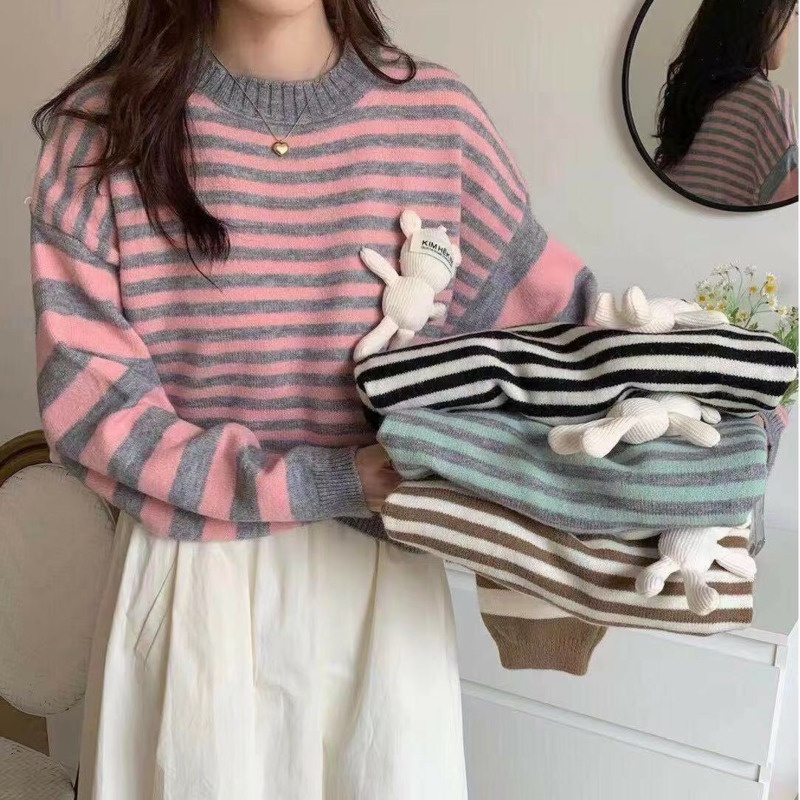 Áo sweater Dệt Kim Cổ Tròn Dáng Rộng Họa Tiết Kẻ Sọc Dễ Thương Thời Trang Mùa Thu Cho Nữ