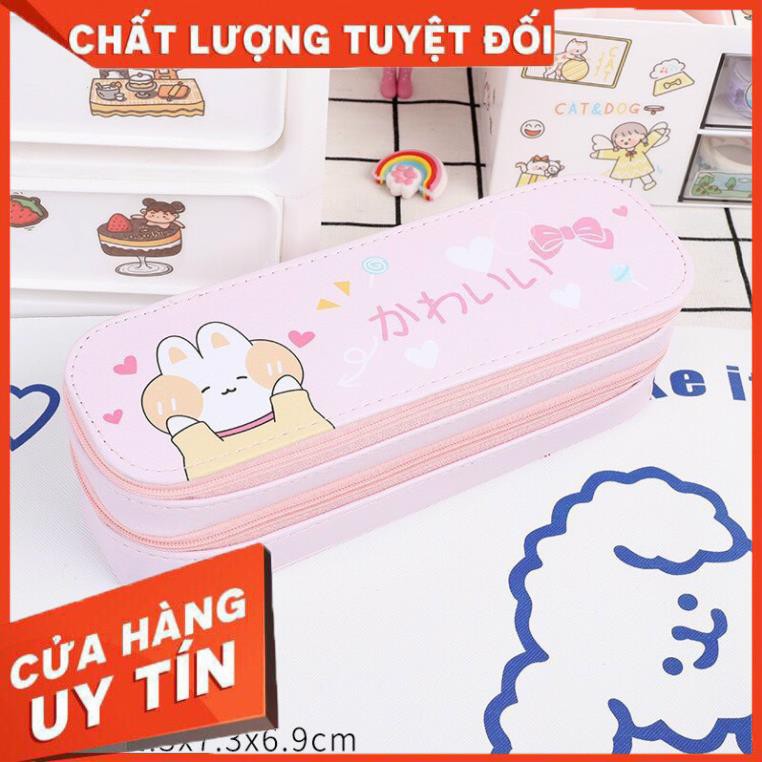 Hộp bút da PU nhiều ngăn hình thú, bóp viết 2 tầng cỡ to chống nước màu pastel cho bé gái