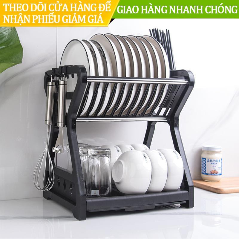 ∏✹✟Giá úp bát 2 tầng bằng nhựa khung inox siêu bền kèm ống đựng thìa muỗng đũa tiện dụng