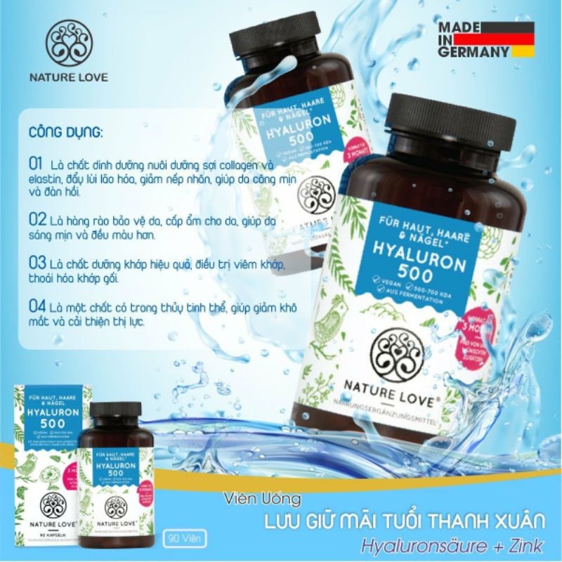 Acid Hyaluronic hàm lượng cao nhất thị trường giúp cấp nước/cấp ẩm #NatureLove Hyaluron 500 90v