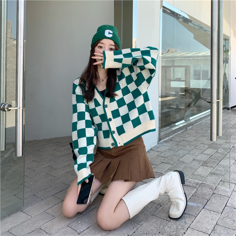 Áo khoác Cardigan cổ V họa tiết sọc caro cao cấp, Áo cardigan nữ dài tay dệt kim phong cách Hàn Quốc