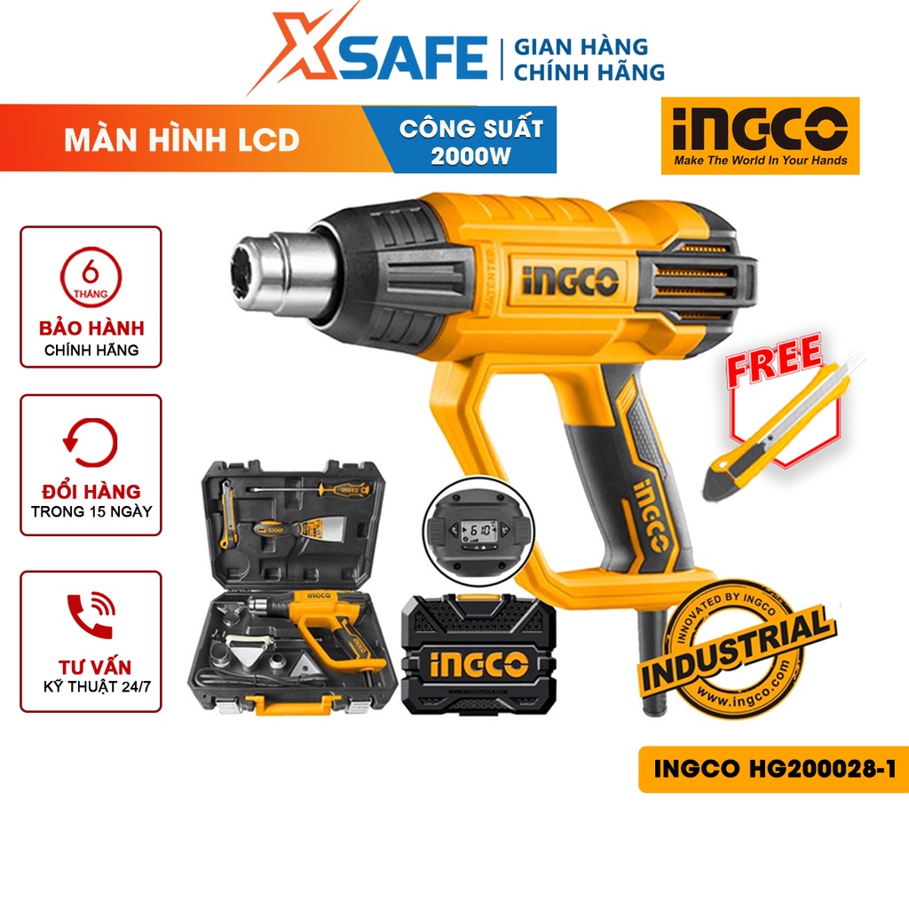Bộ máy khò nhiệt INGCO HG200028-1 2000W, nhiệt độ 50-630 độ C, màn hình hiển thị LCD