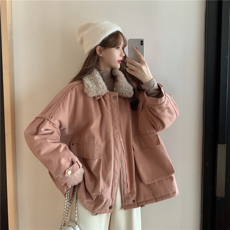 _ ulzzangstyle Order | Áo khoác kaki ulzzang oversize cổ polo phối bông