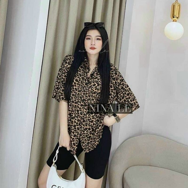 Áo sơmi tay lỡ form thụng họa tiết beo siêu hót