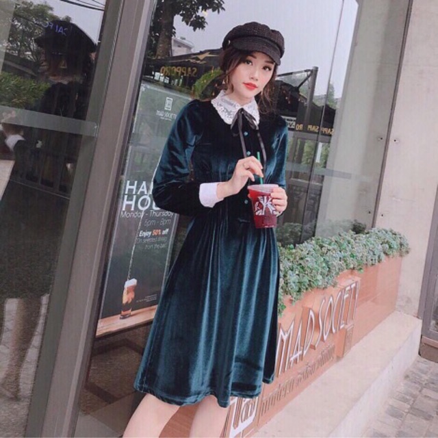 Đầm nhung nữ cổ sen phối ren, chun eo ( Còn Đỏ )