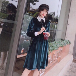 Đầm nhung nữ cổ sen phối ren, chun eo ( Còn Đỏ )