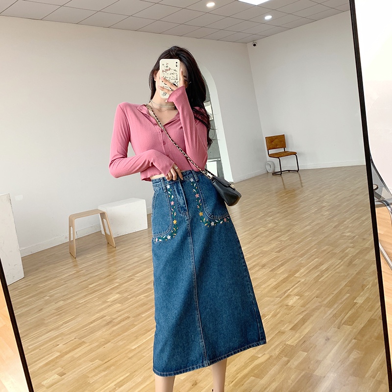 Chân váy Denim lưng cao thêu họa tiết thời trang mùa thu 2021