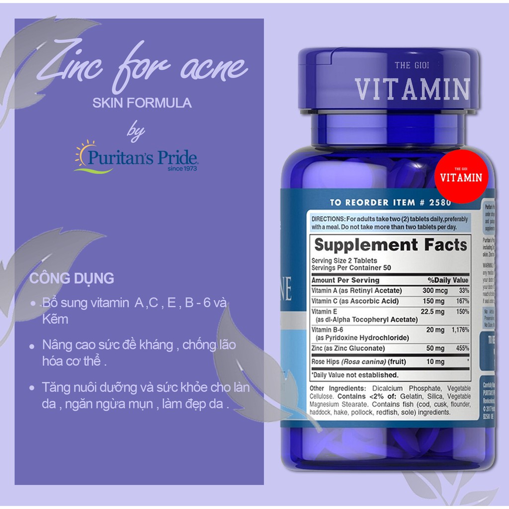 Kẽm giảm  mụn Puritan's Pride Premium Zinc For Acne 2580 100 viên | BigBuy360 - bigbuy360.vn