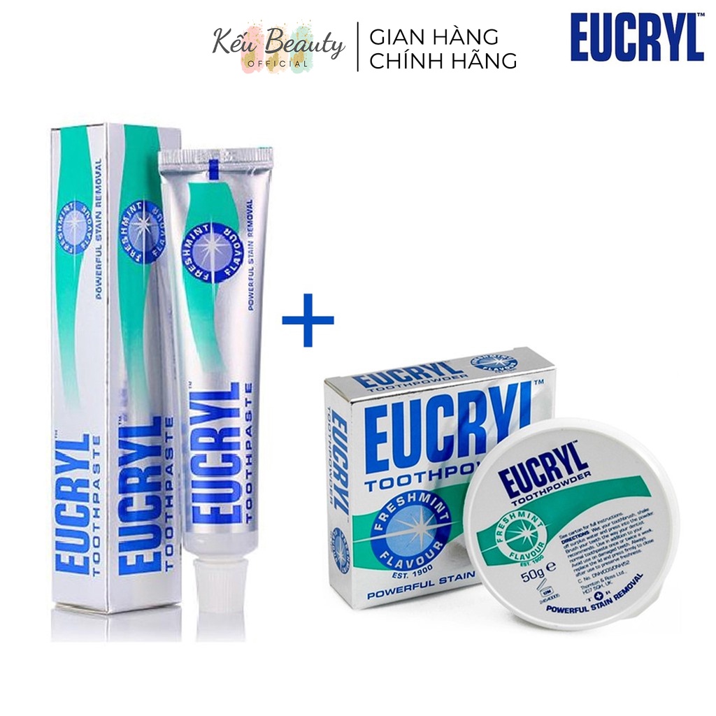 Combo Bột Tẩy Trắng Răng EUCRYL 50g + Kem Đánh Răng Làm Trắng Răng Hương Bạc Hà EUCRYL Tooth Paste Freshmint 62g