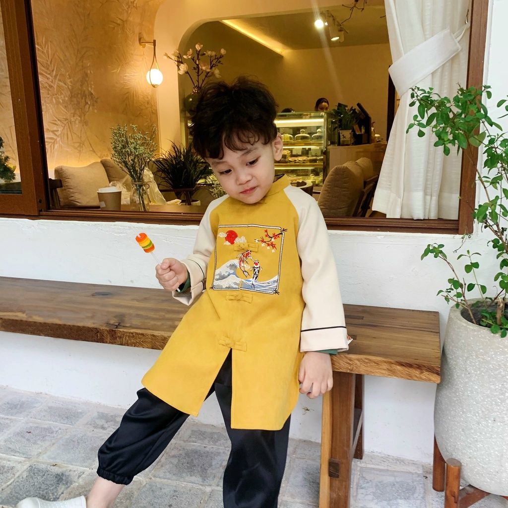 Áo Dài Tết, Áo Dài Bé Trai Vải Nhung Tăm Thêu Cao Cấp