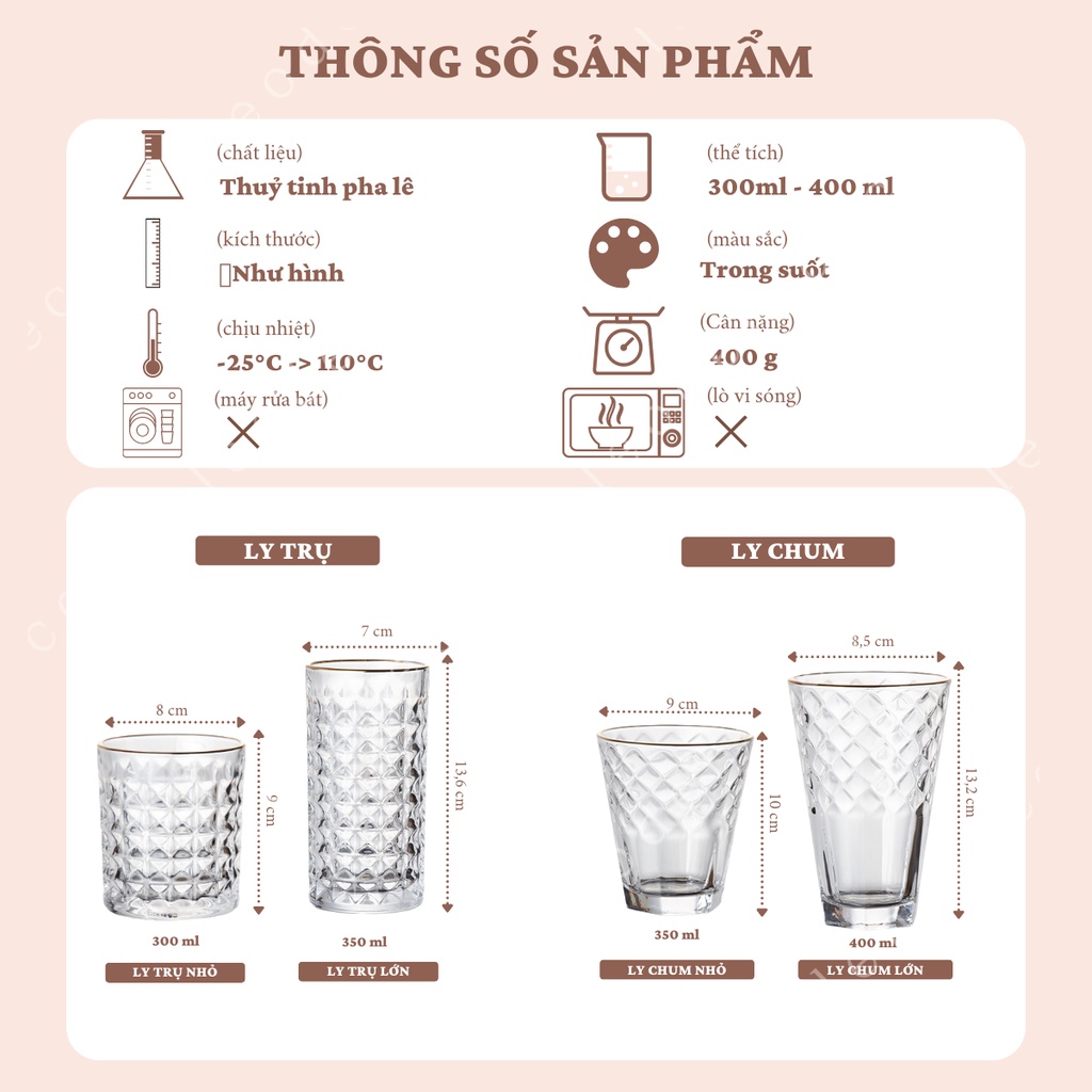 Cốc thủy tinh uống nước trong suốt kim cương viền mạ vàng phong cách Hàn Quốc, ly thuỷ tinh chịu nhiệt – LEODEN Decor
