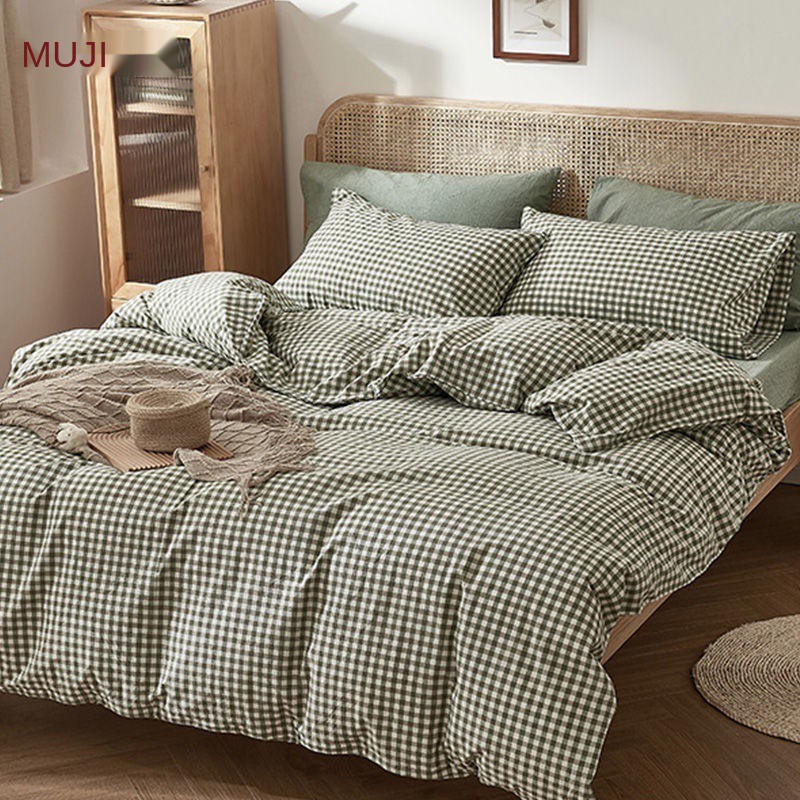 MUJI 100% cotton giặt cao cấp giường 4- mảnh chăn bìa tấm bông ba màu xanh lá cây