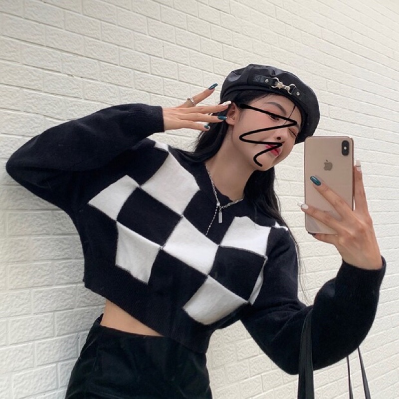 Áo Croptop Tay Dài Cổ Tròn Dáng Rộng Họa Tiết Kẻ Sọc Thời Trang Cho Nữ