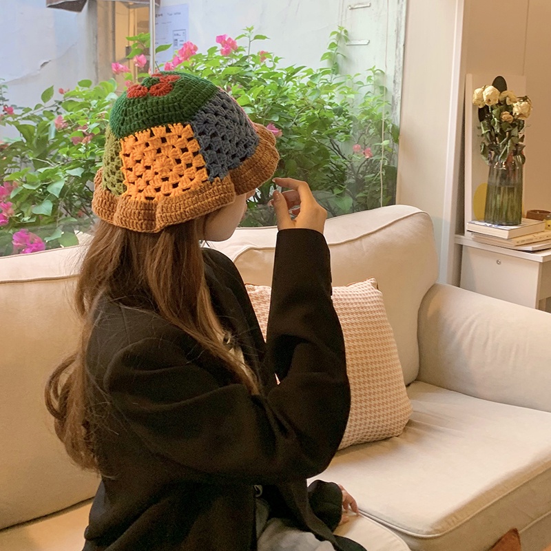 Mũ Bucket Dệt Kim Tay Bèo Màu Sắc Tương Phản Phong Cách Nhật Bản Thời Trang Thu Đông Cho Nữ