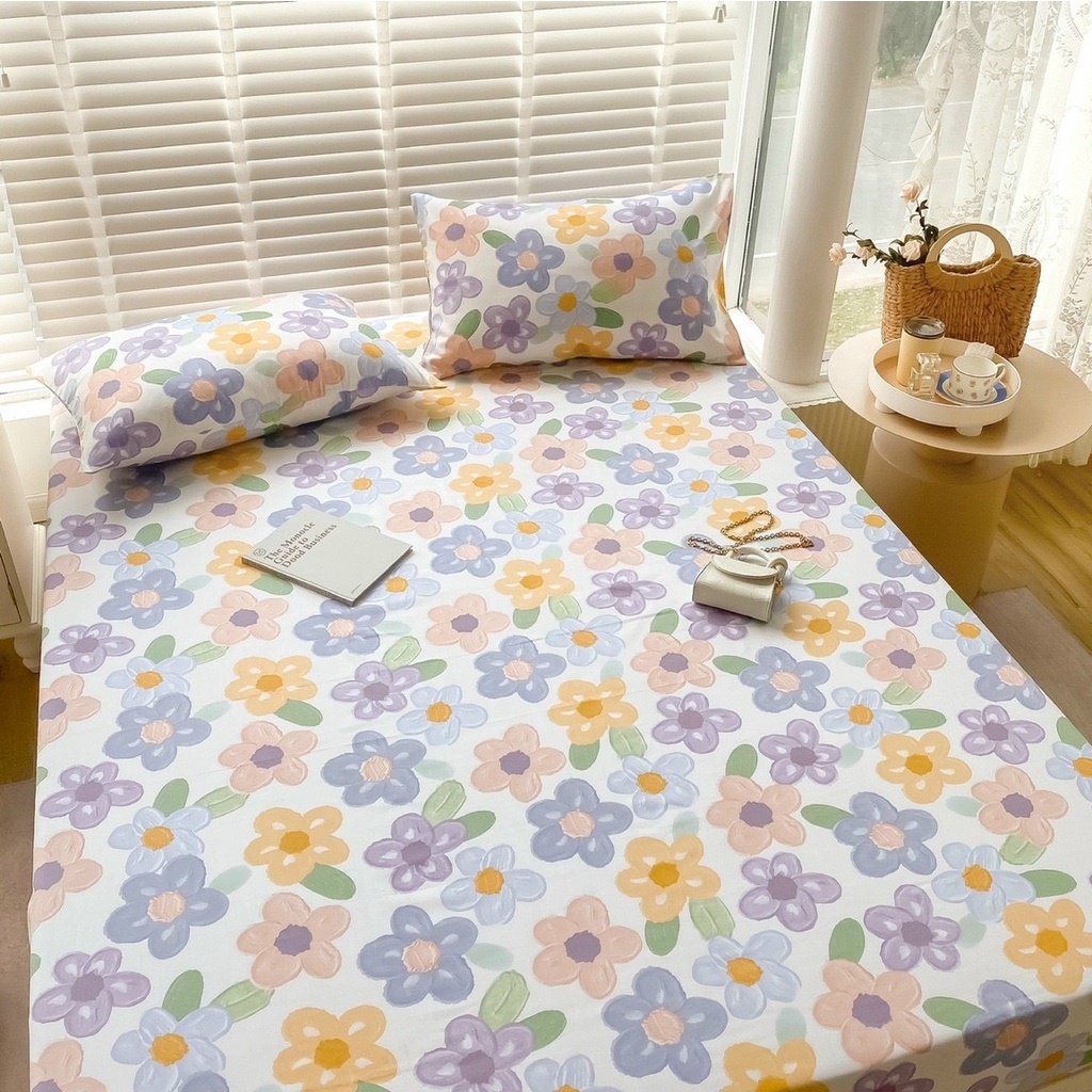 Bộ ga gối cotton 100% họa tiết hoa nhí, chất liệu mềm mịn chuẩn cotton