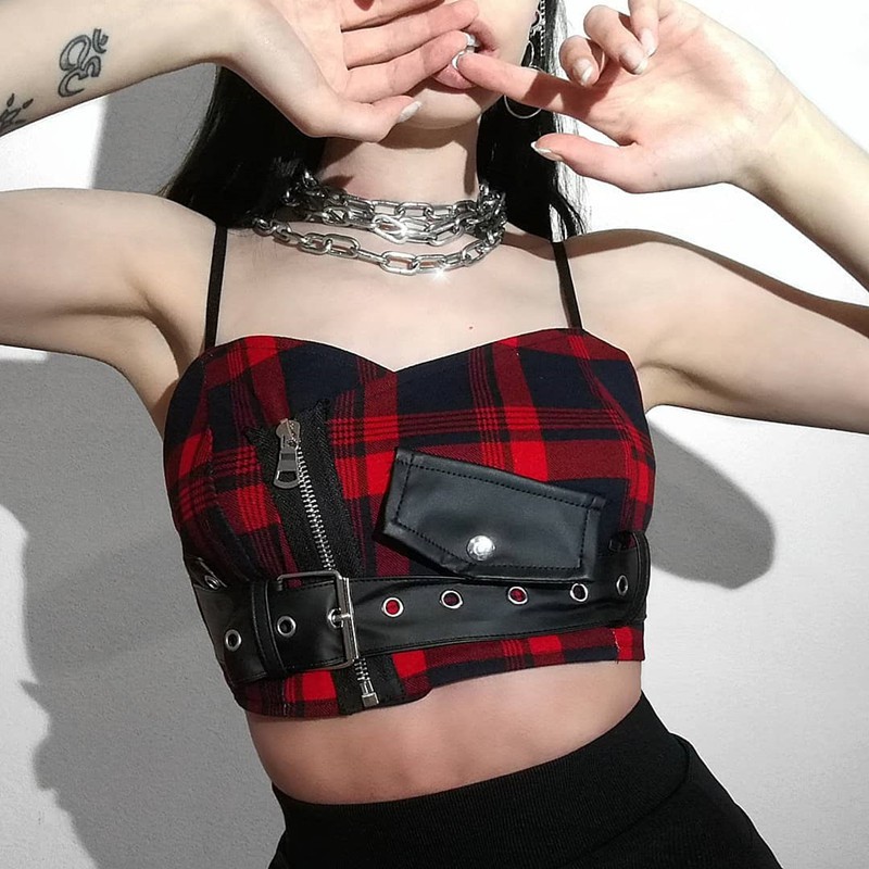 Áo Quây 2 Dây Croptop Phối Khoen Caro Đỏ Đen Quyến rũ cho Nữ