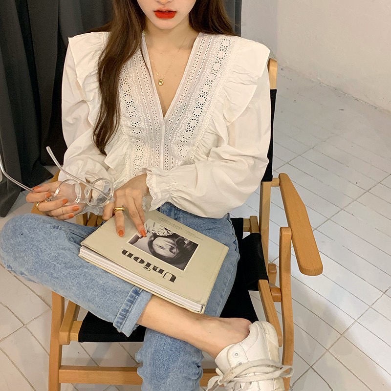 Áo Sơ Mi Tay Dài Cổ Chữ V Phối Ren Bèo Thời Trang Mùa Hè Phong Cách Pháp