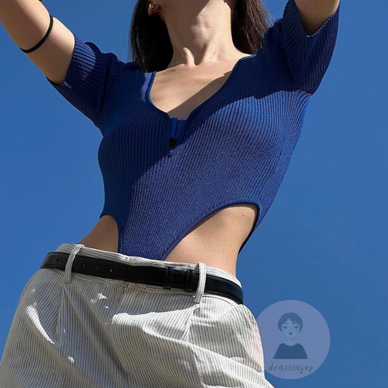 Bộ Áo Liền Quần Tay Ngắn Cổ Chữ V Màu Sắc Đơn Giản Dành Cho Nữ