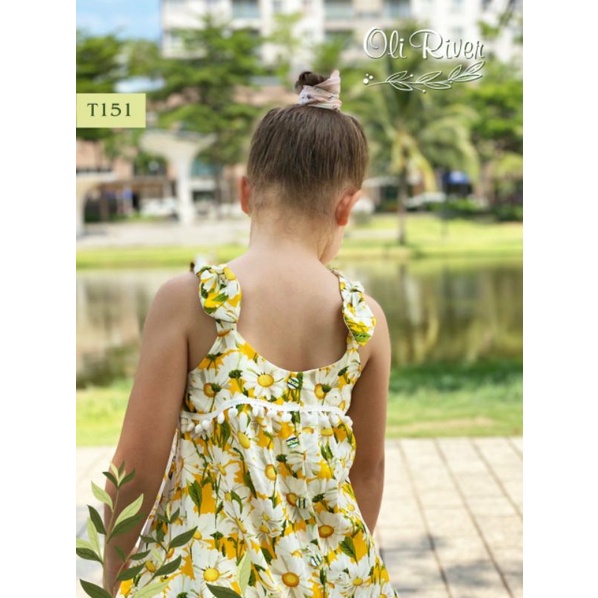 (1-&gt;10 tuổi) Váy đầm 2 dây buộc nơ vai Oli River, họa tiết hoa cúc cực xinh yêu (T151)