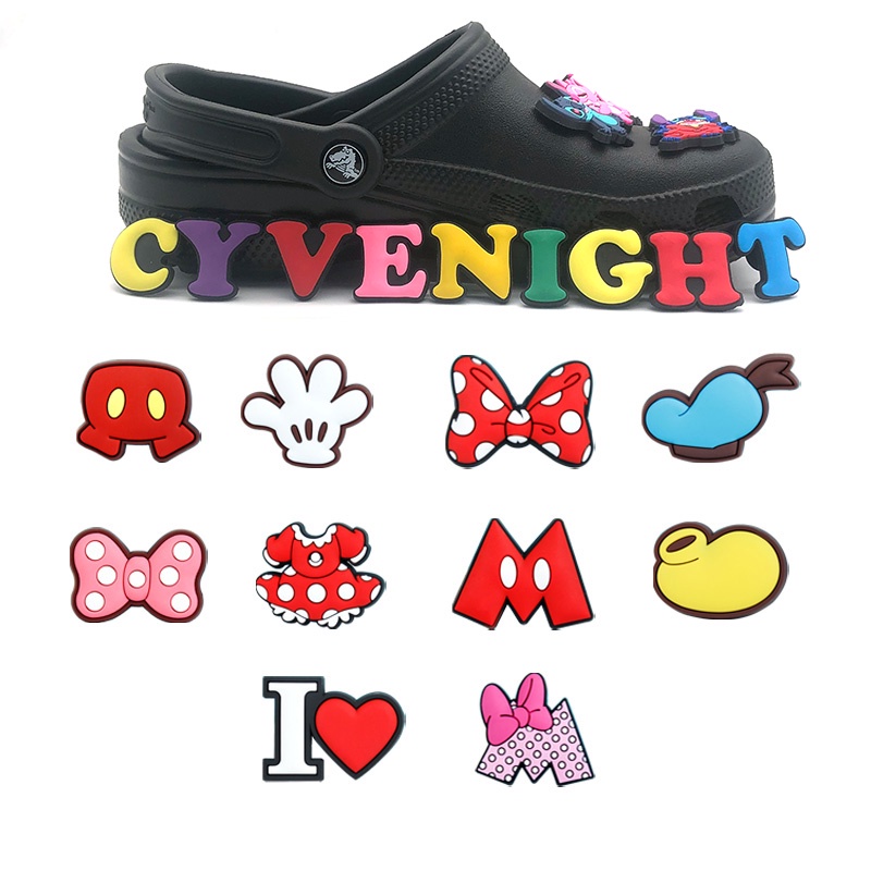 Màu mới Phim hoạt hình Nơ Chuột Mickey Dòng Graffiti Dòng Graffiti PVC Jibbitz Tự làm Giày trang trí cho Giày dép Crocs Phụ kiện Dép Bán buôn