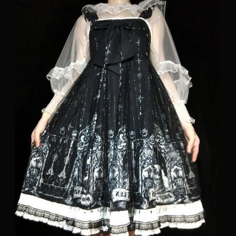 [Order] (6G2) Váy đầm Công chúa Lolita in hình cung điện hoàng gia dáng xòe đính nơ loại đẹp màu đen.