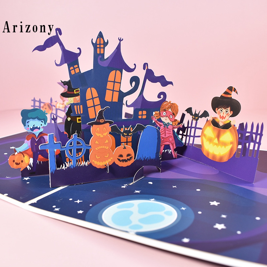 Thẻ bài màu sáng in họa tiết lâu đài vui nhộn trang trí nhà cửa dịp Halloween