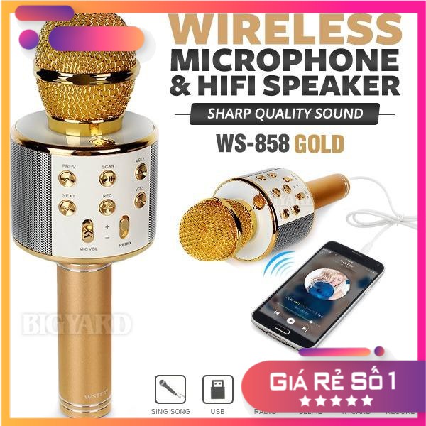 MIC KARAOKE Microphone thông minh WS-858 KÈM LOA Bluetooth cho những chuyến đi dã ngoại, tiệc, giải trí