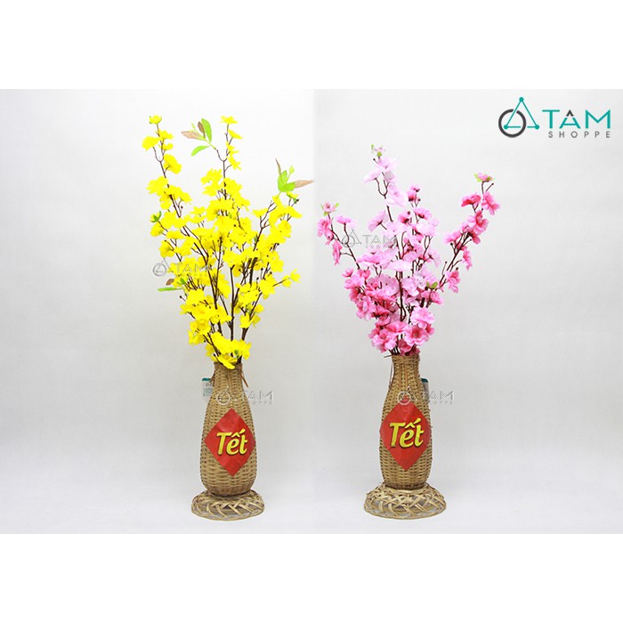 [HÀNG ĐẸP - CẮM SẴN Y HÌNH] Lọ hoa mai đào handmade bằng tre có đế T-HOA-15