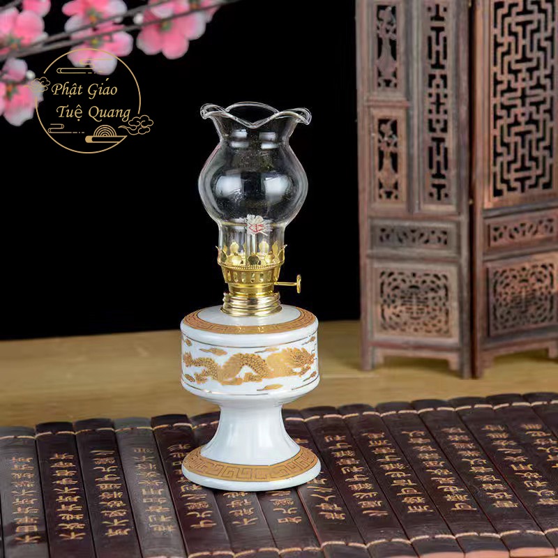 Đèn dầu kim sa, đèn dầu sen,đèn dầu rồng trắng, bằng sứ men cao cấp - phật giáo tuệ quang