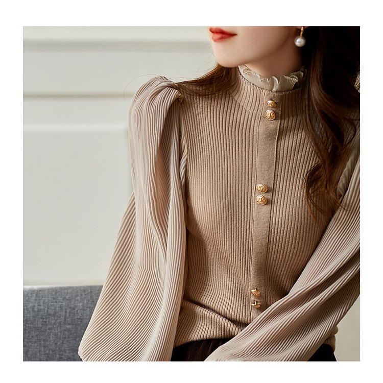 Áo Thun Dệt Kim Tay Phồng Cổ Cao Thời Trang